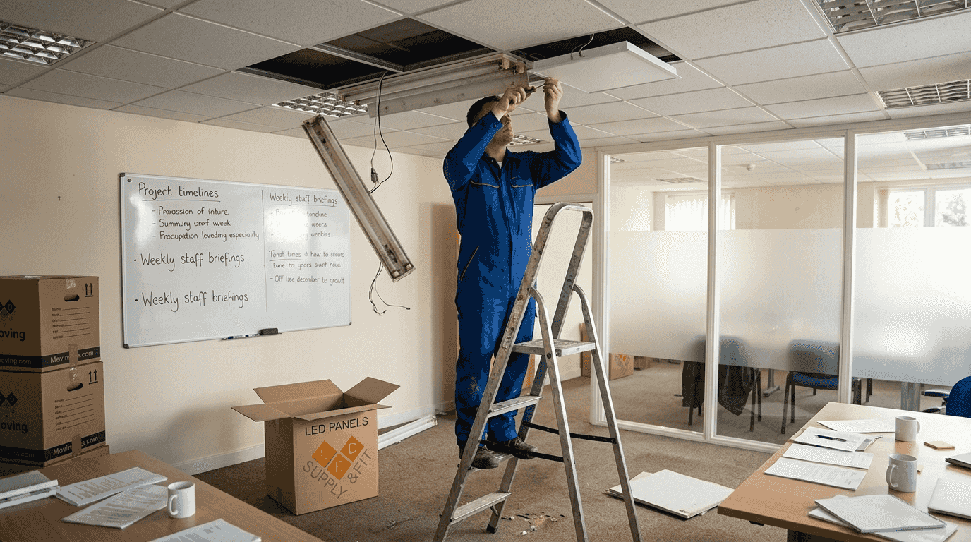 Technician replacing office fluorescent light with LED