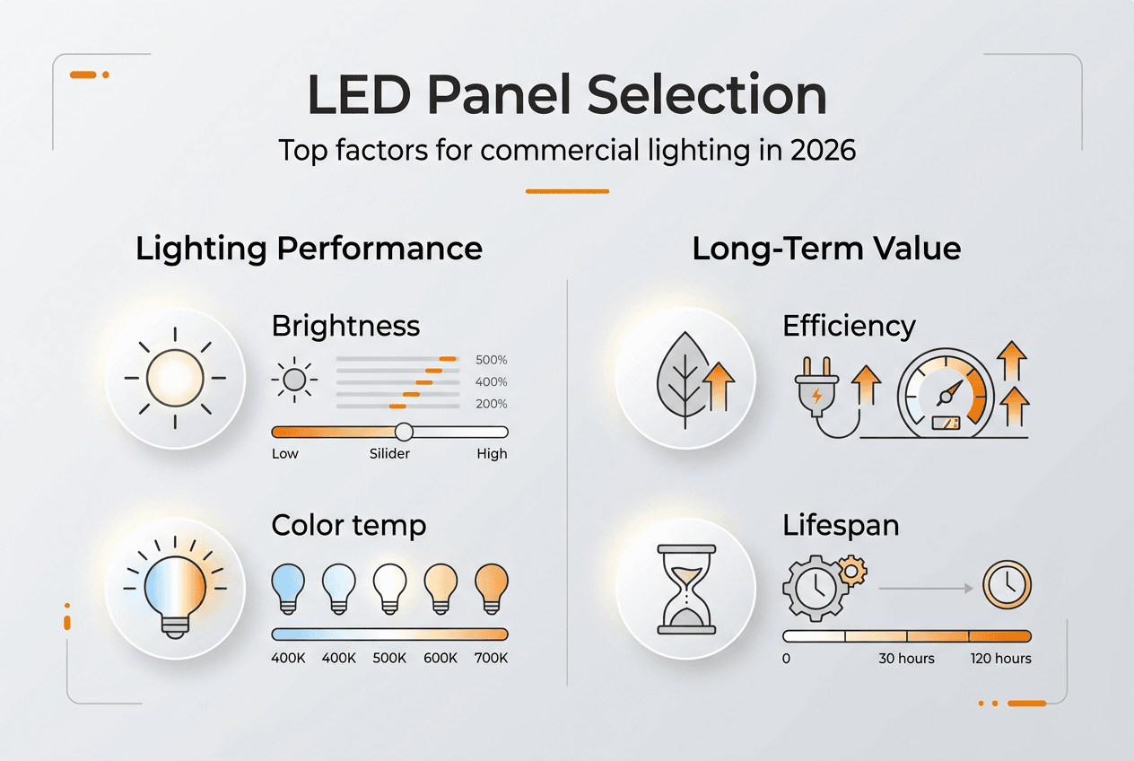 Infographic showing key LED panel selection factors