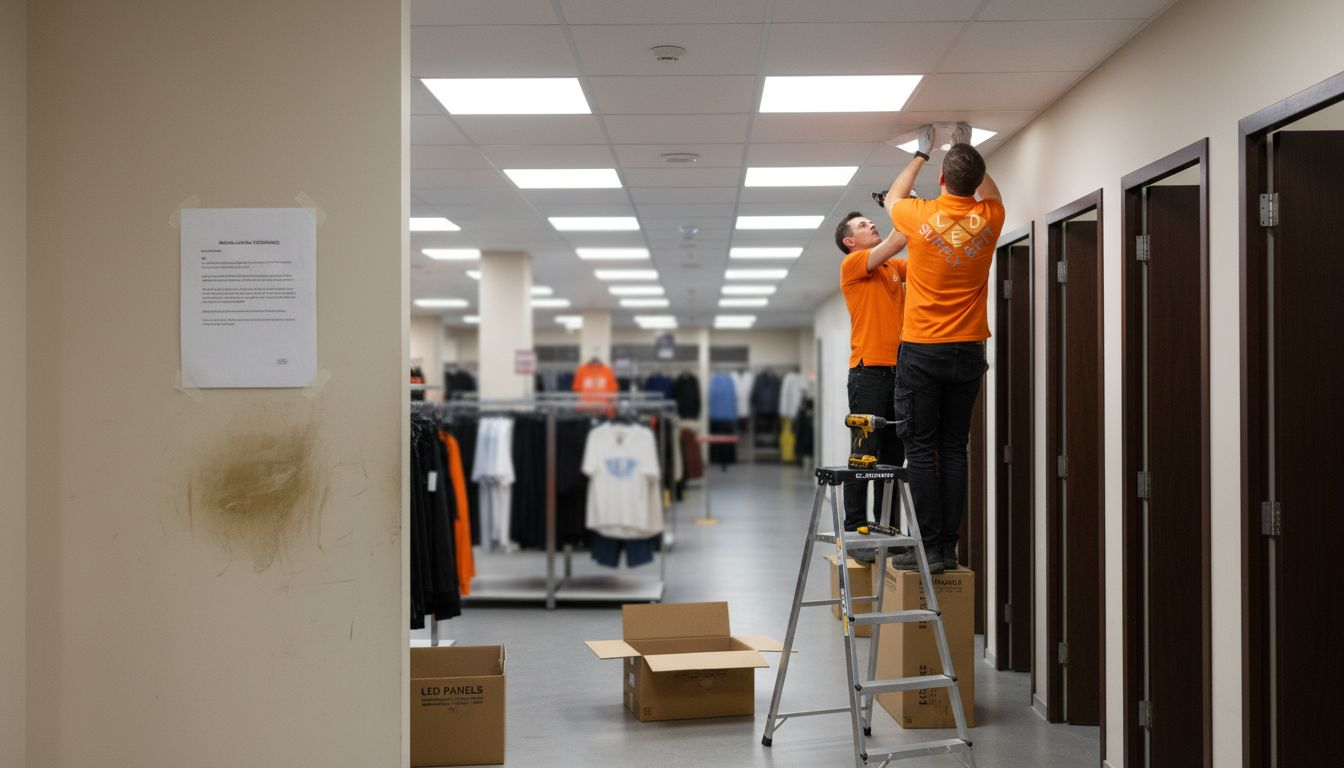 Electricians installing LED panels in shop