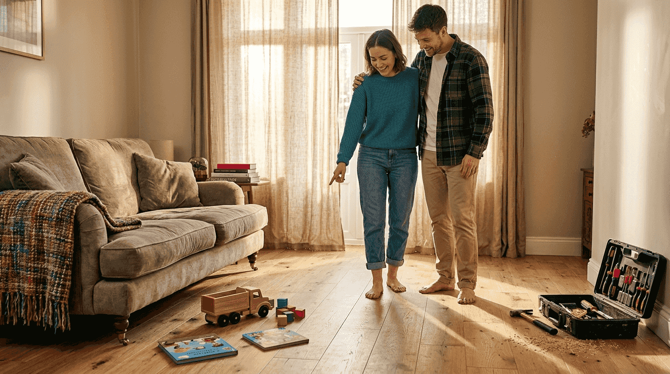 Couple stands on new oak flooring