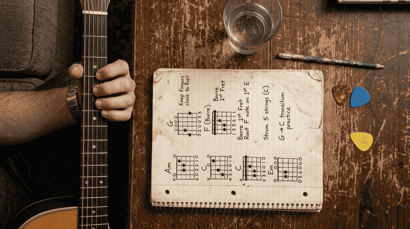 Guitar chord diagrams in practice notebook