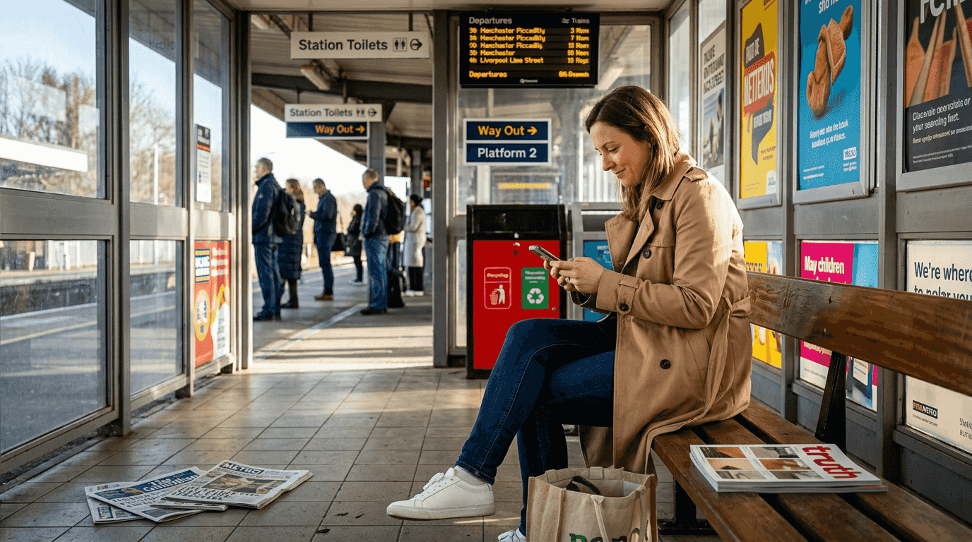 Commuter checks flooring website on phone