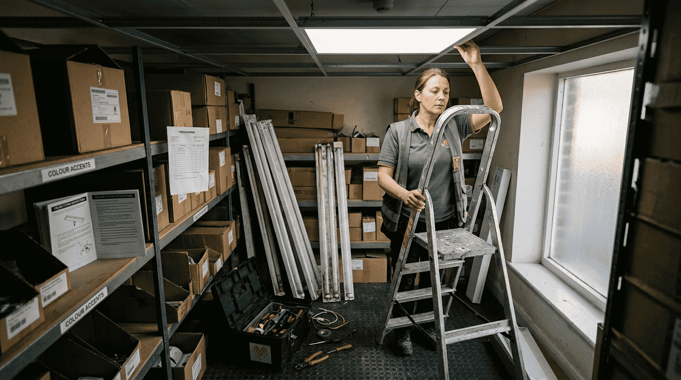 Electrician installs LED panel in retail stockroom
