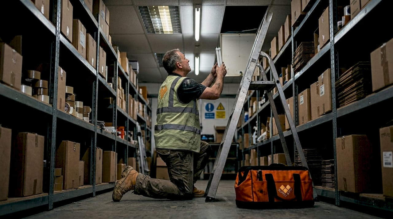 Maintenance worker replaces failed warehouse bulbs