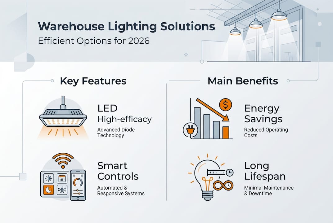 Infographic of warehouse lighting solutions and benefits