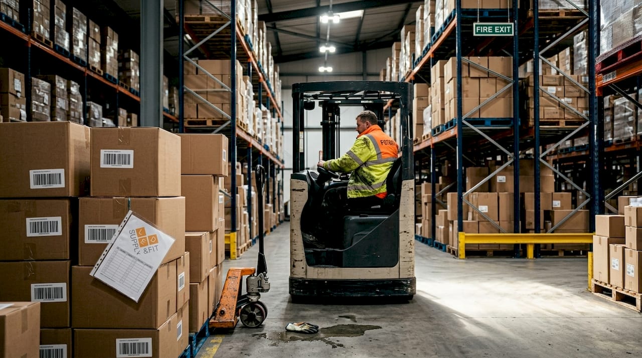 Forklift operator beneath bright warehouse lighting