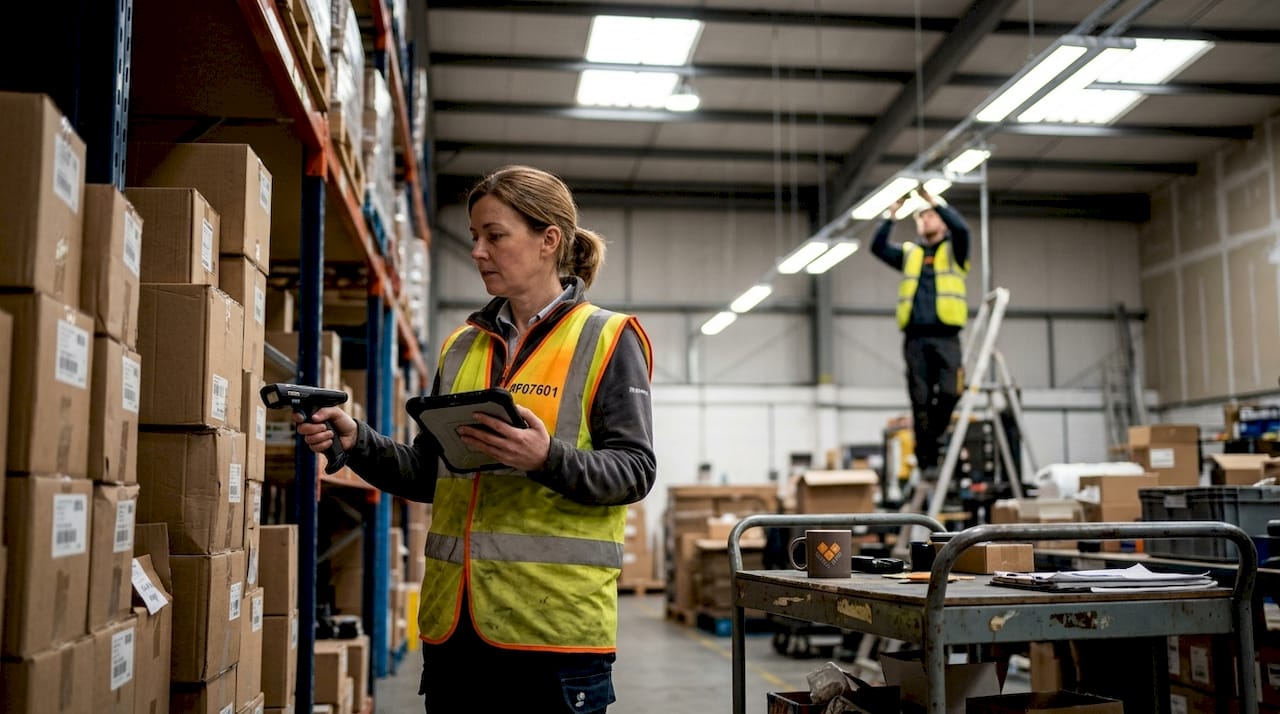 Supervisor recording inventory under LED lighting