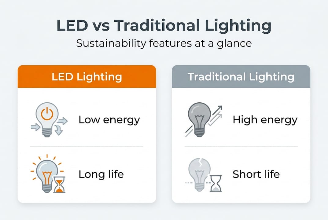 LED and traditional lighting sustainability infographic