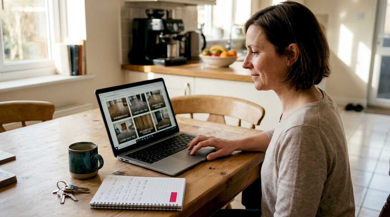 Woman browsing flooring gallery on laptop