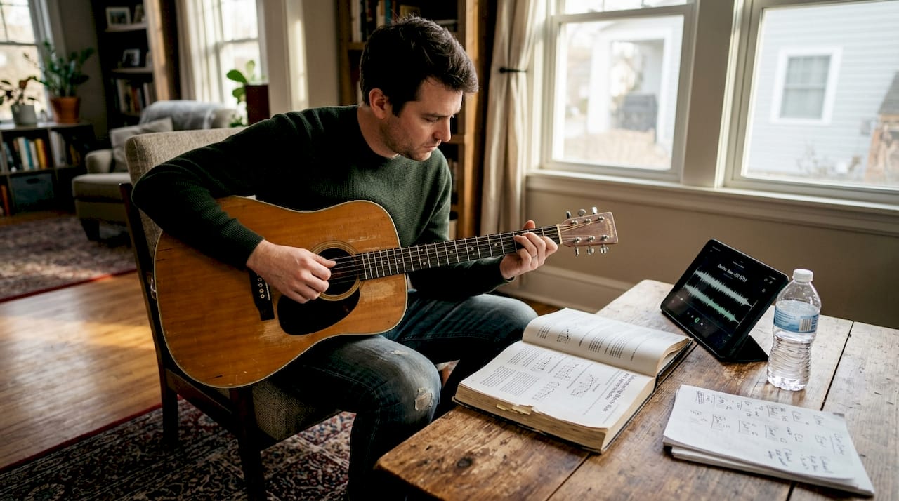 Guitarist practicing Dorian mode with theory book