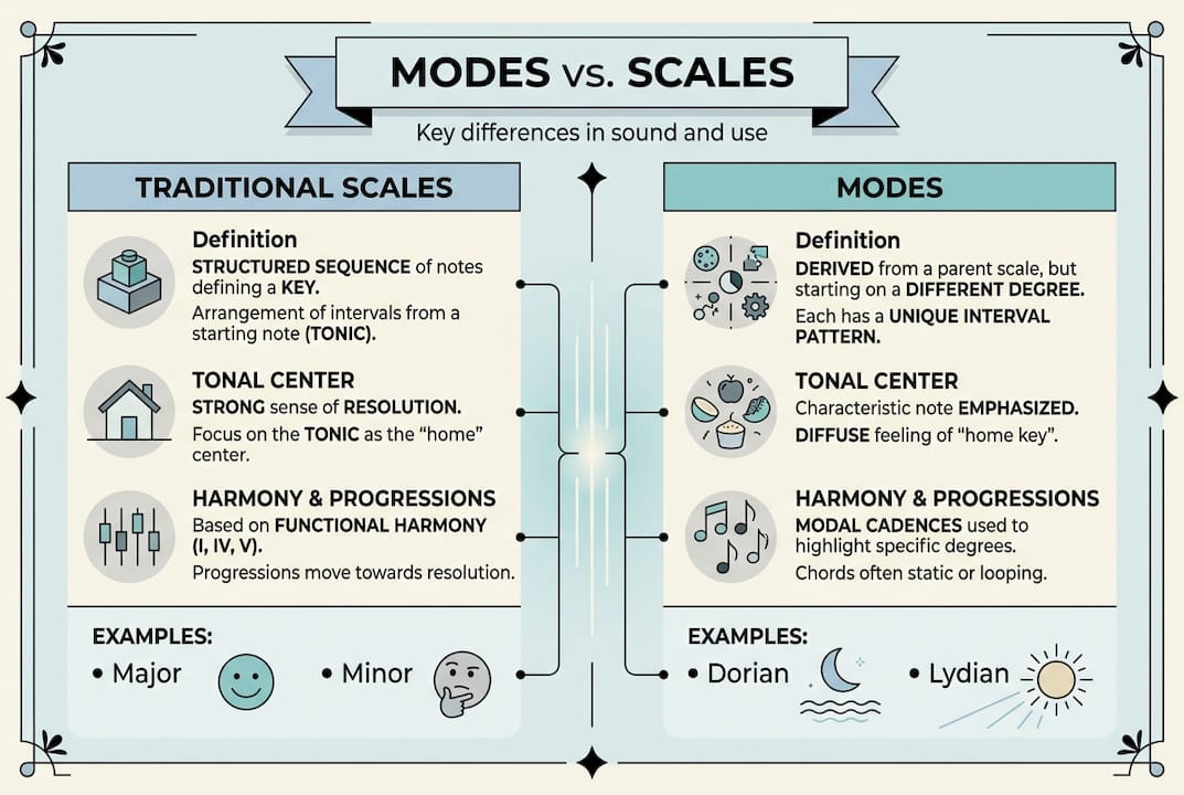 Infographic comparing modes and traditional scales