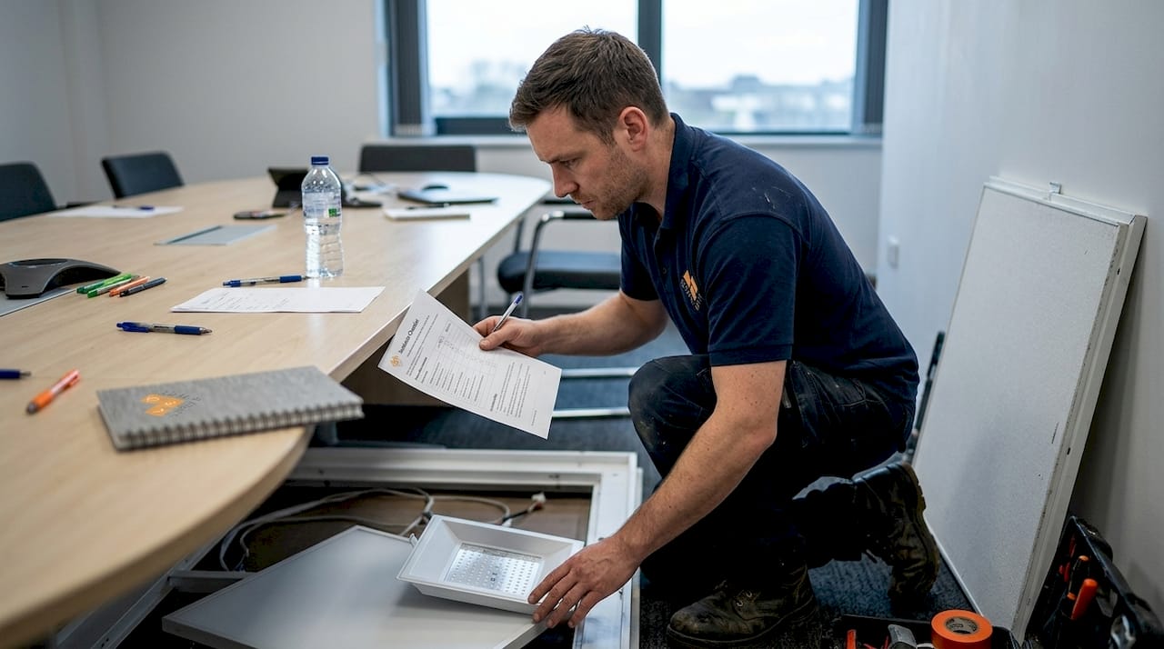 Technician selecting office LED fixtures