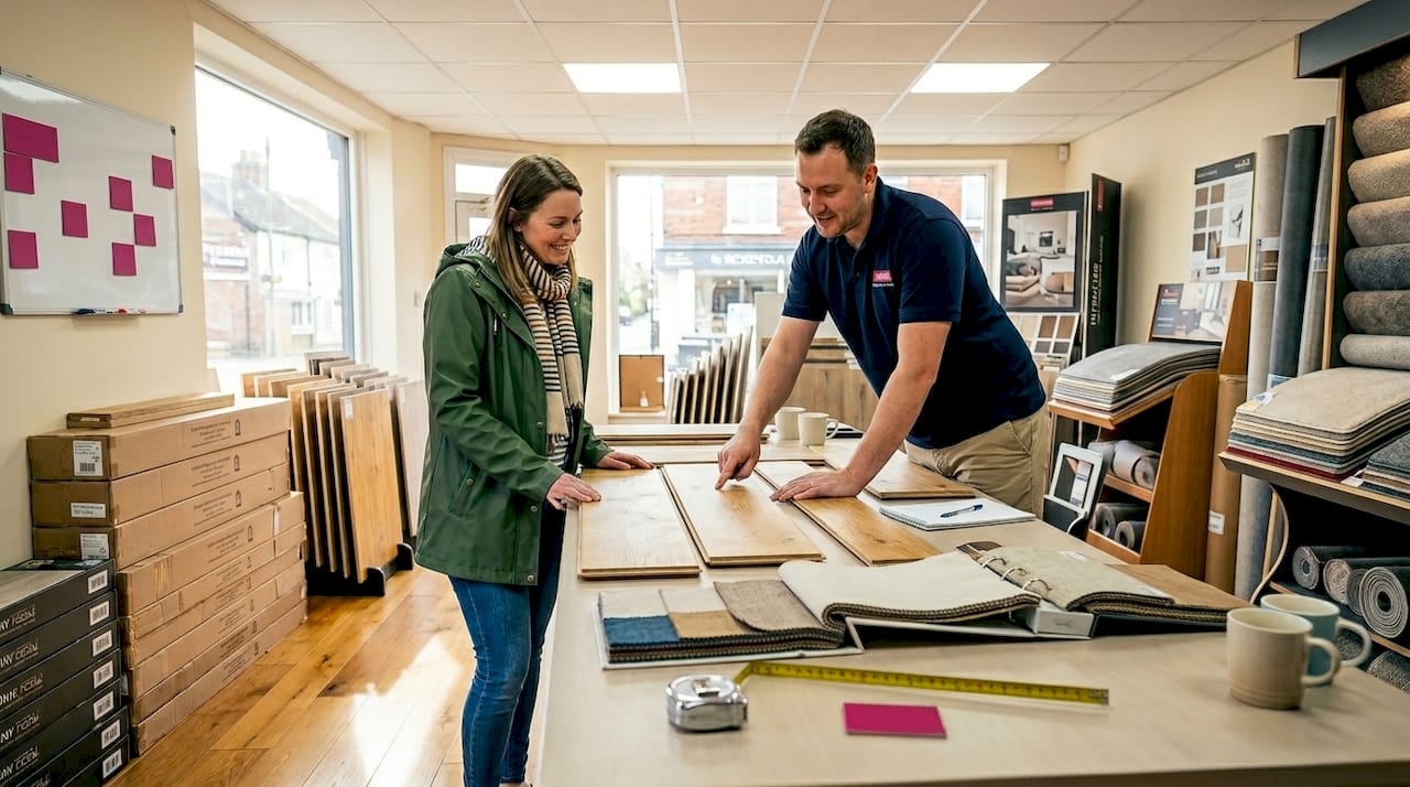 Customer consulting on flooring options in showroom
