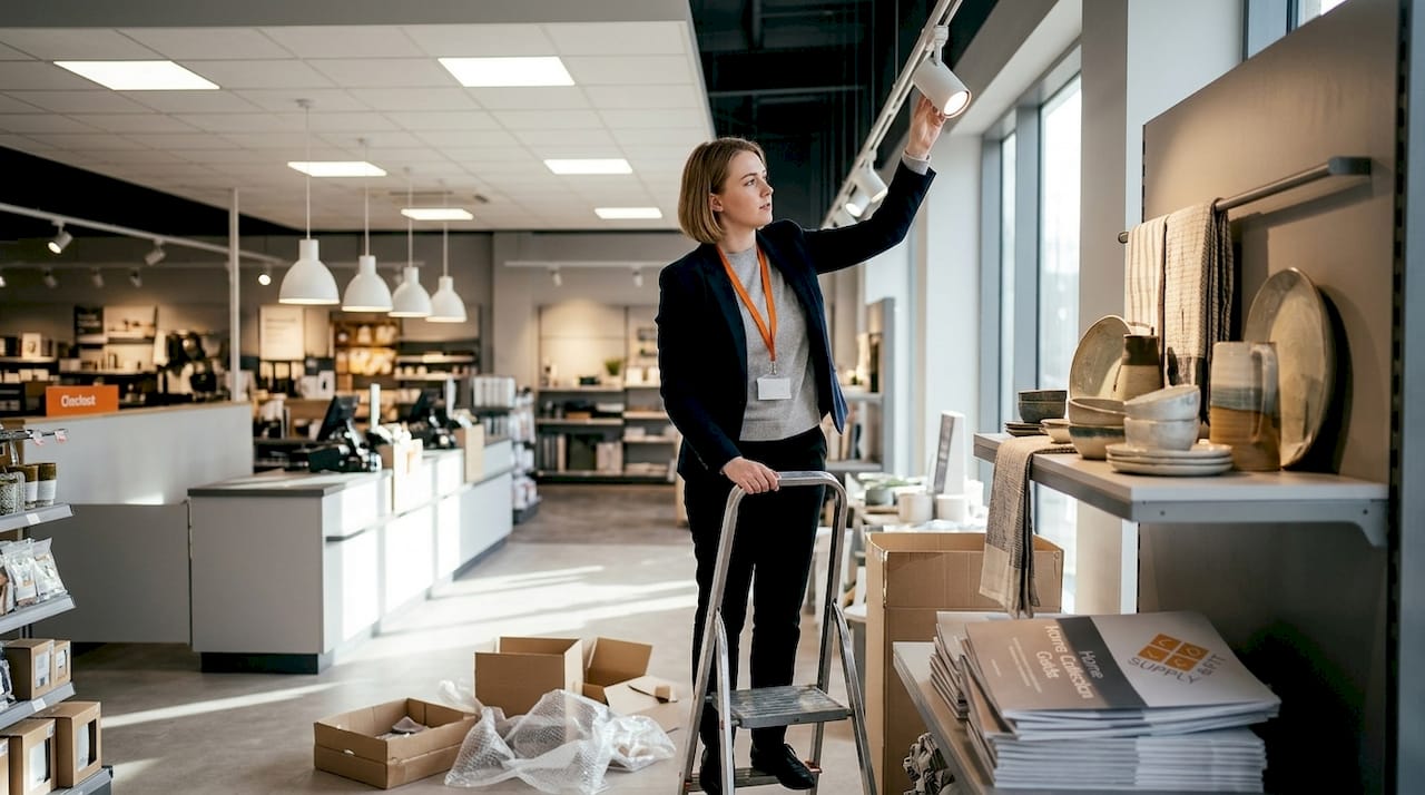 Designer adjusts retail accent lighting display