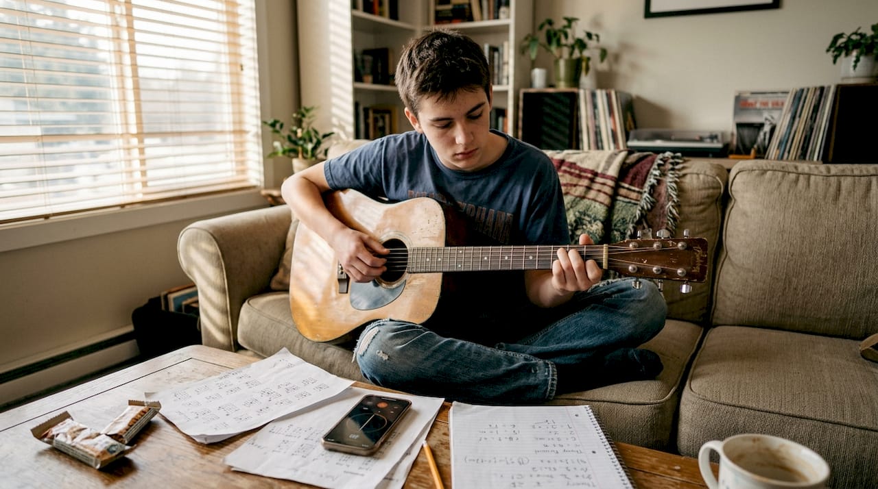 Guitarist practicing intervals and chords