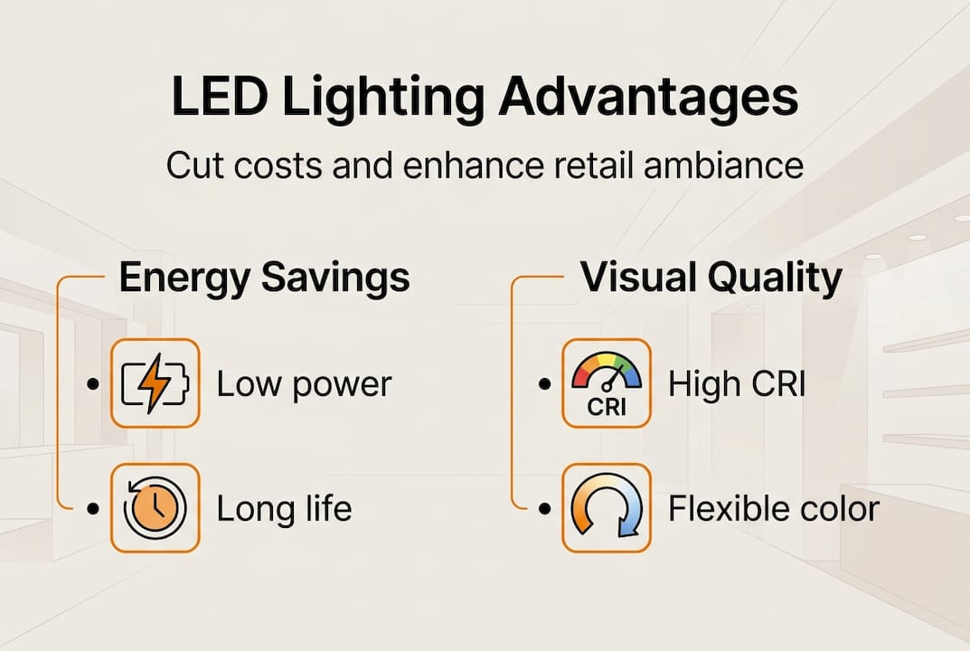 Infographic showing LED lighting benefits in retail