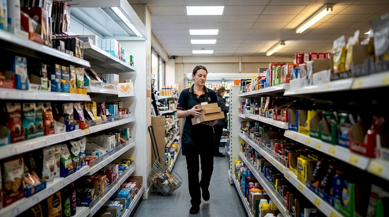 Store aisle with LED and fluorescent lighting