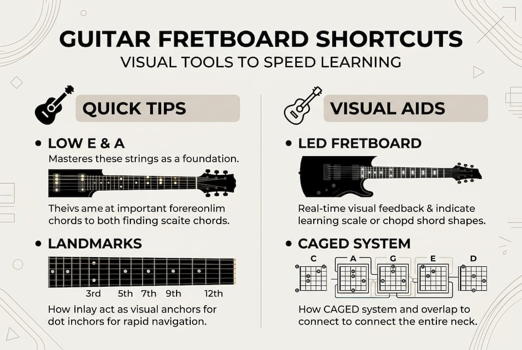 Infographic with guitar fretboard learning shortcuts
