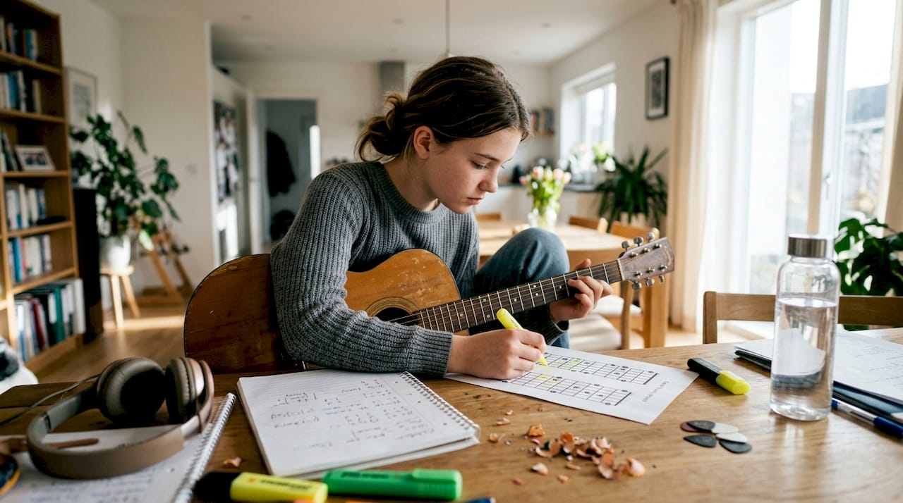 Beginner marking fretboard notes for memorization