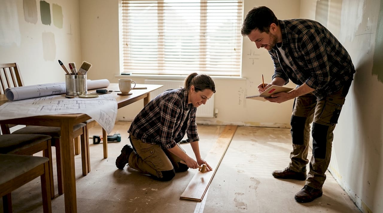 Team installing flooring in real home setting
