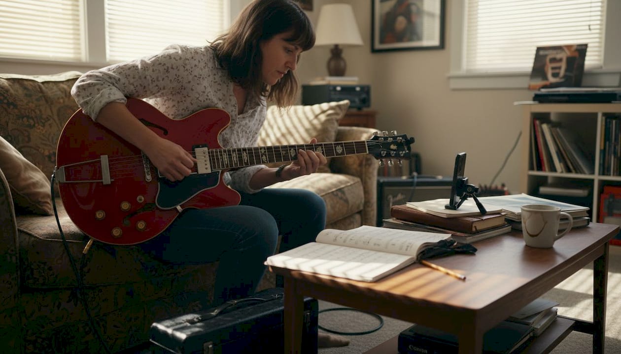 Guitarist practicing scales with recording setup