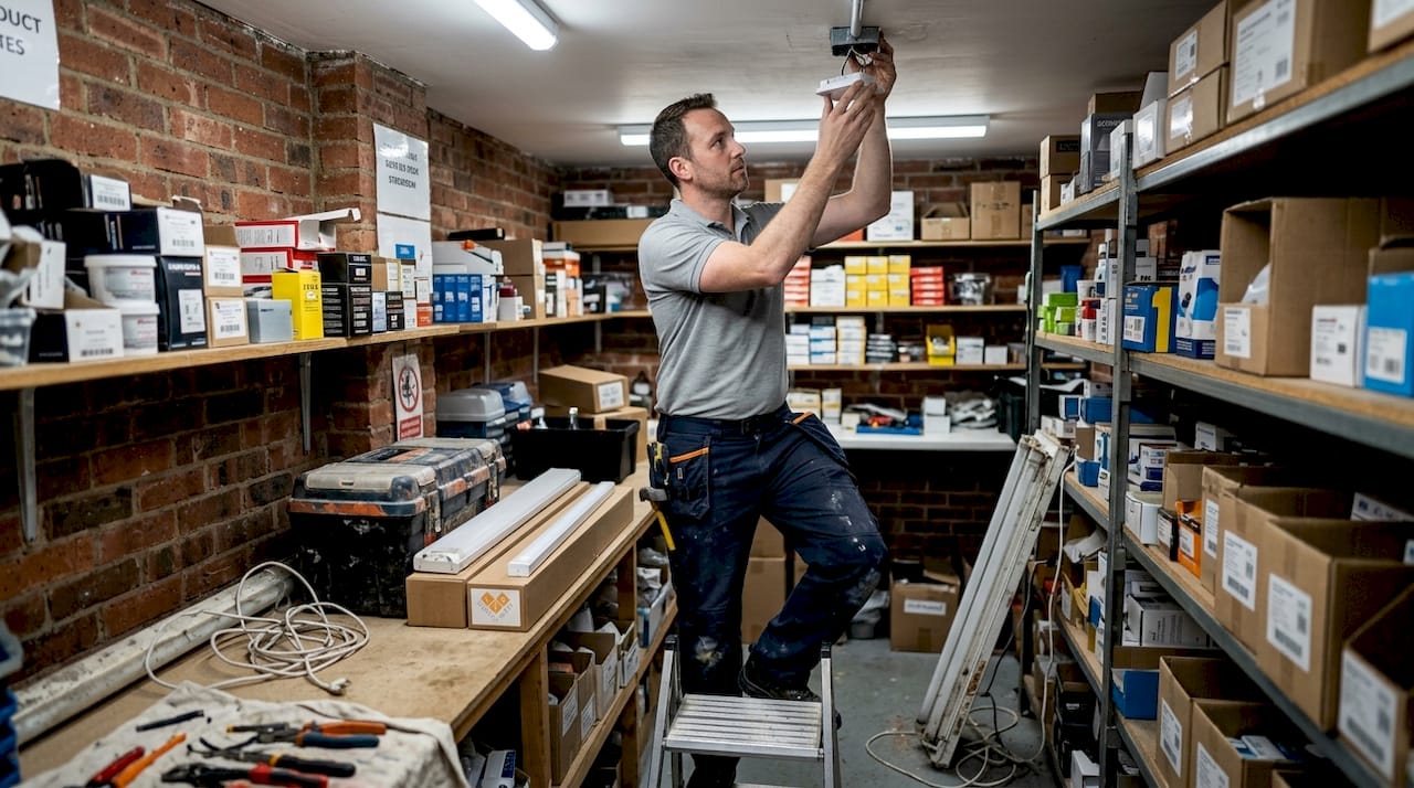 Electrician installs LED fixture in stockroom