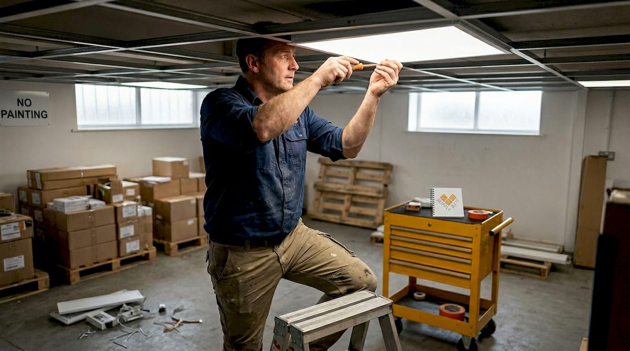 Electrician installing warehouse LED panel