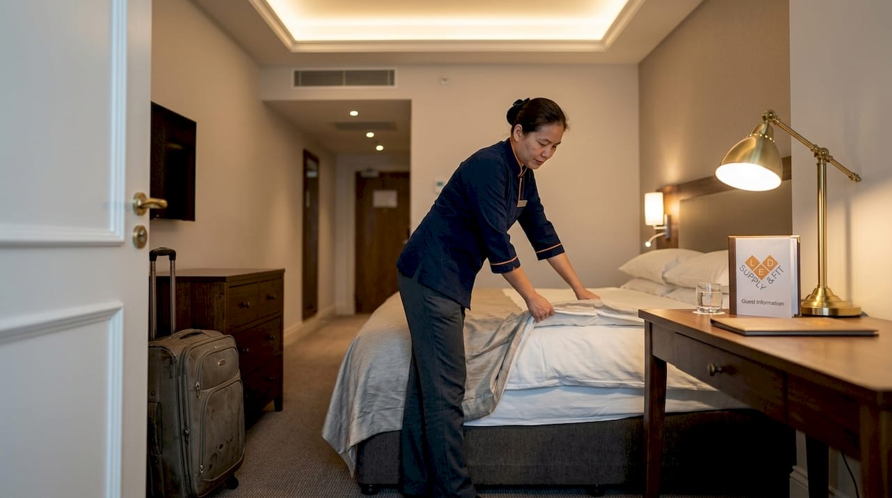 Hotel guest room with layered lighting