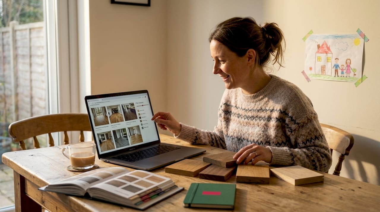 Woman using gallery filters at home table