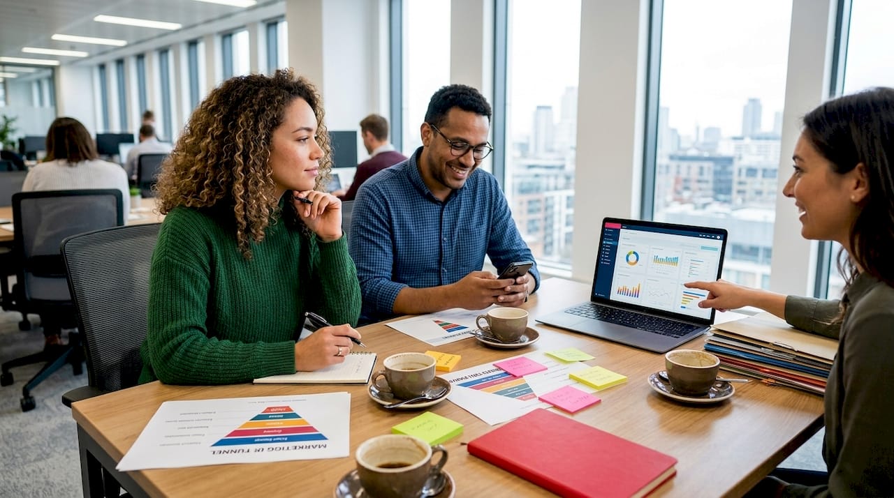 Team reviewing marketing funnel charts together