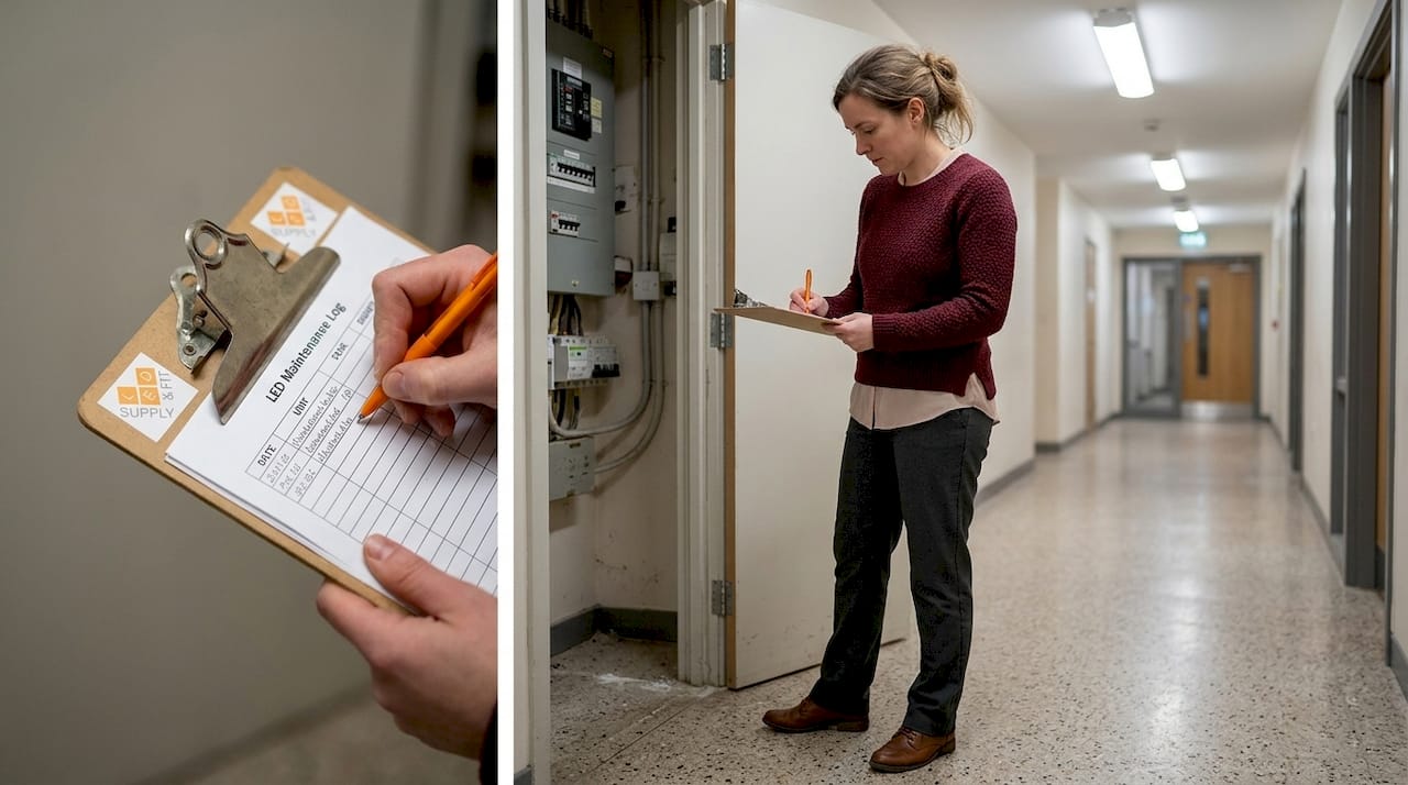 Supervisor checking LED lighting log sheet