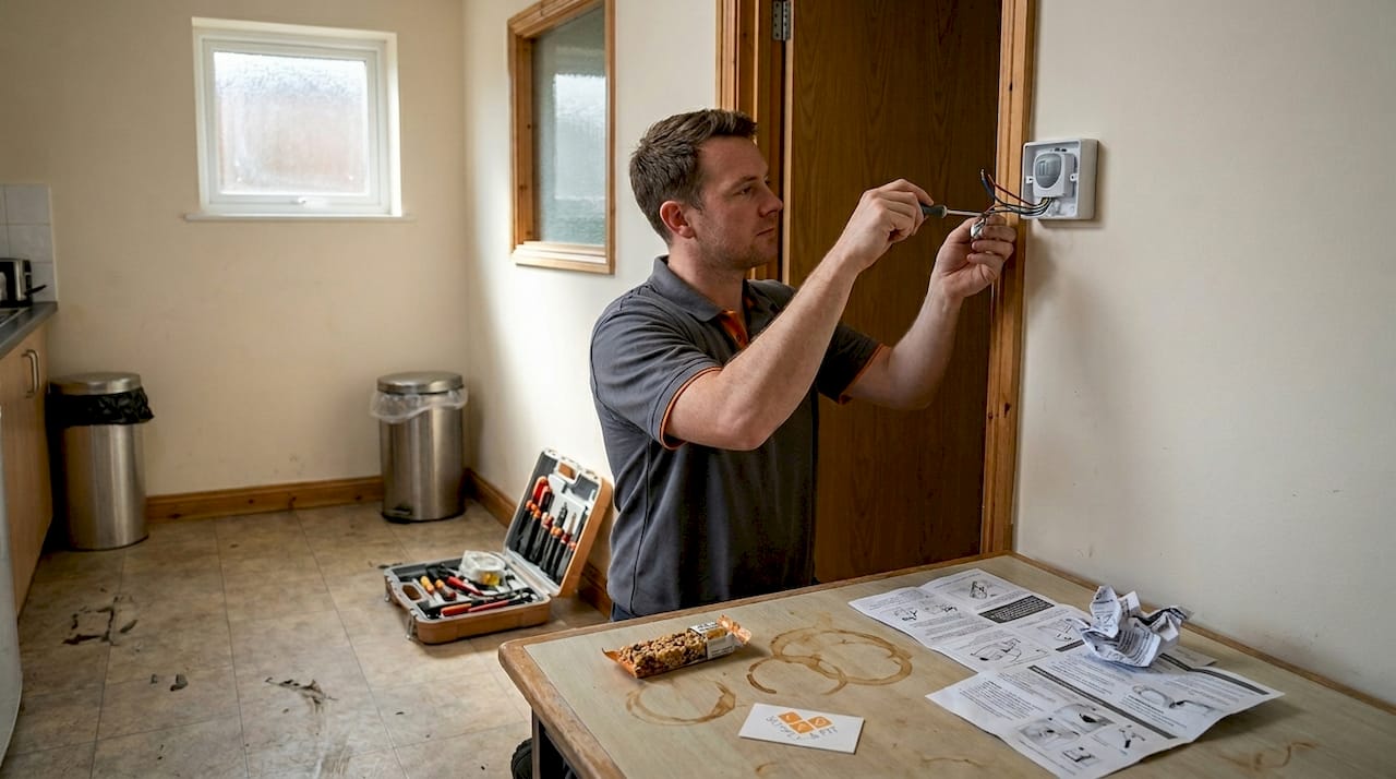 Technician installing smart lighting sensor