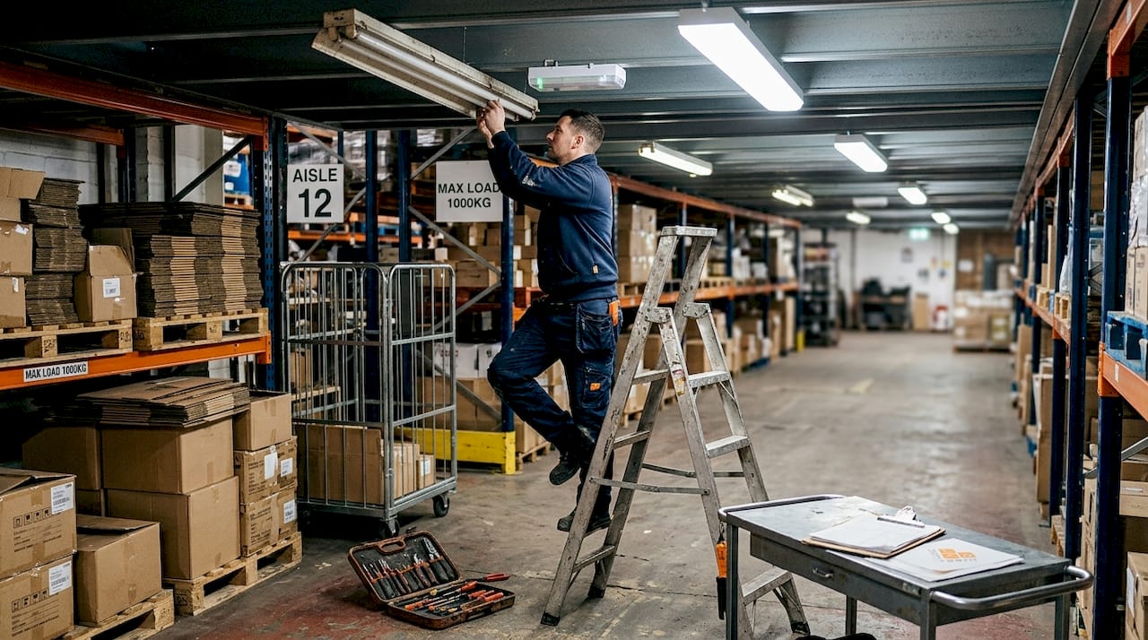 Electrician upgrading warehouse LED lighting