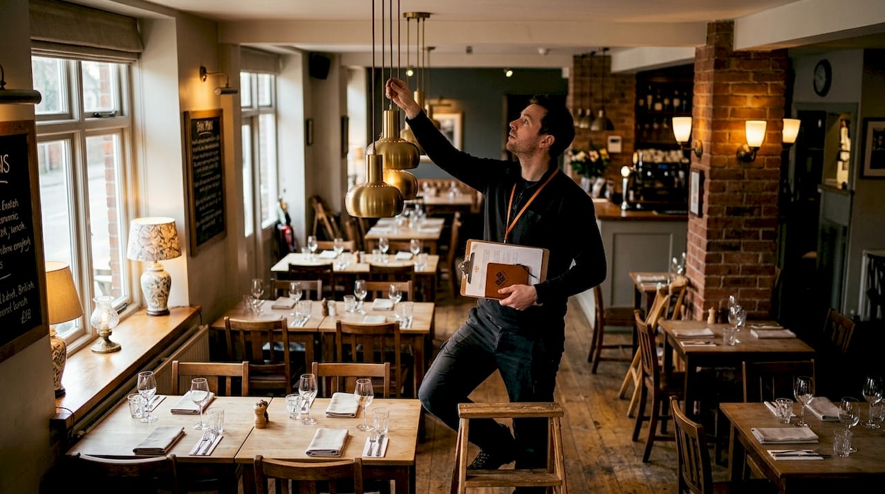 Designer adjusts layered lighting in restaurant