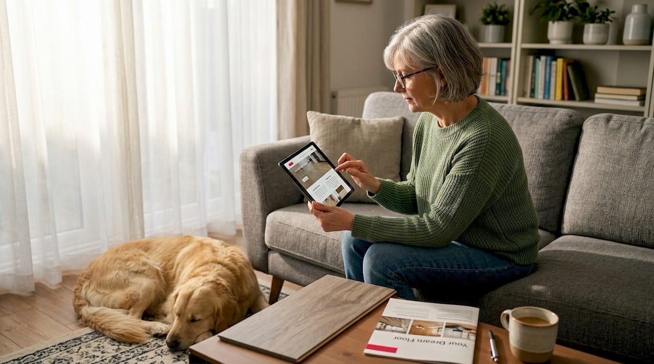 Woman using tablet to contact flooring business