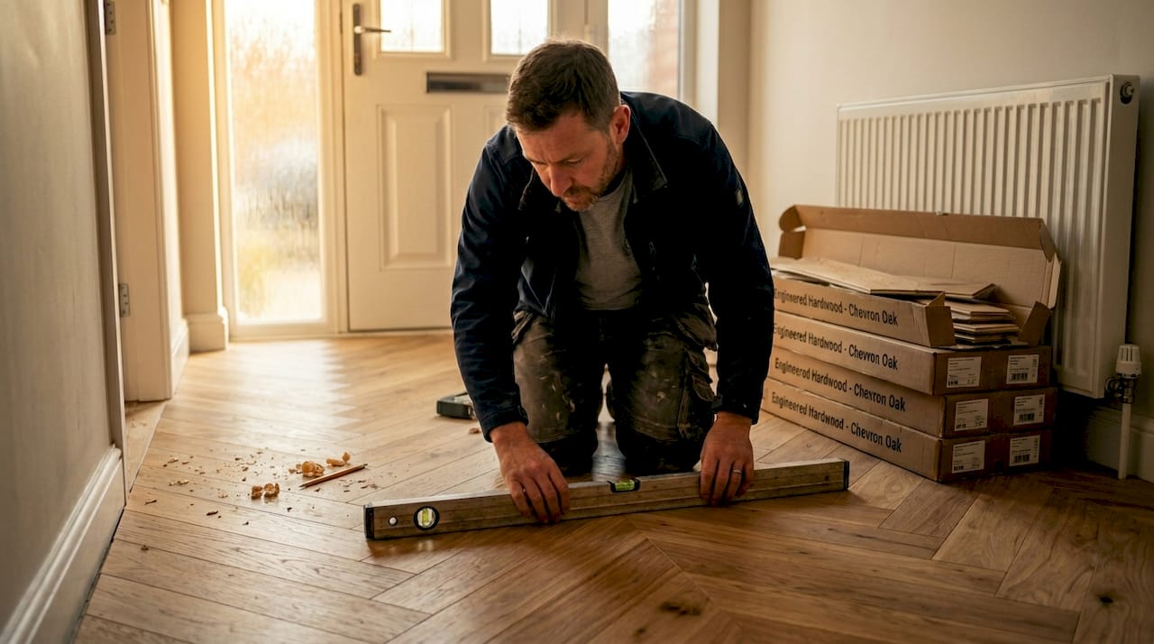 Installer aligning chevron floor planks in hallway