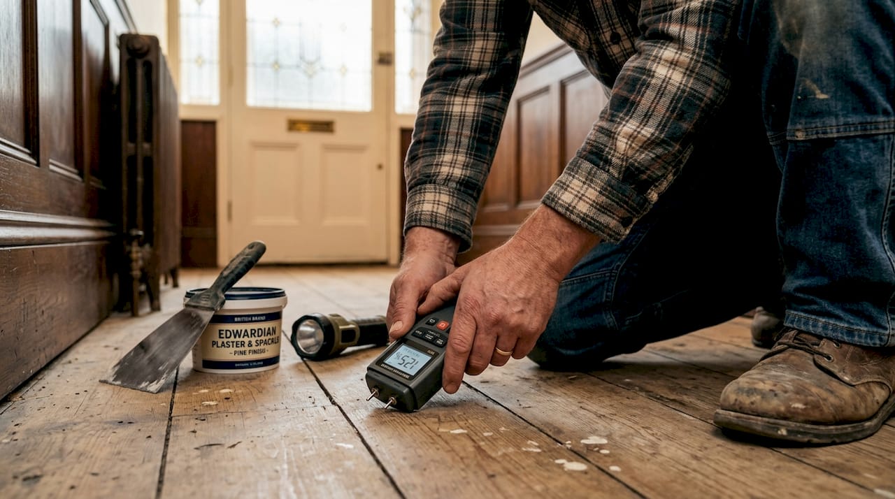 Specialist checking subfloor moisture in hallway
