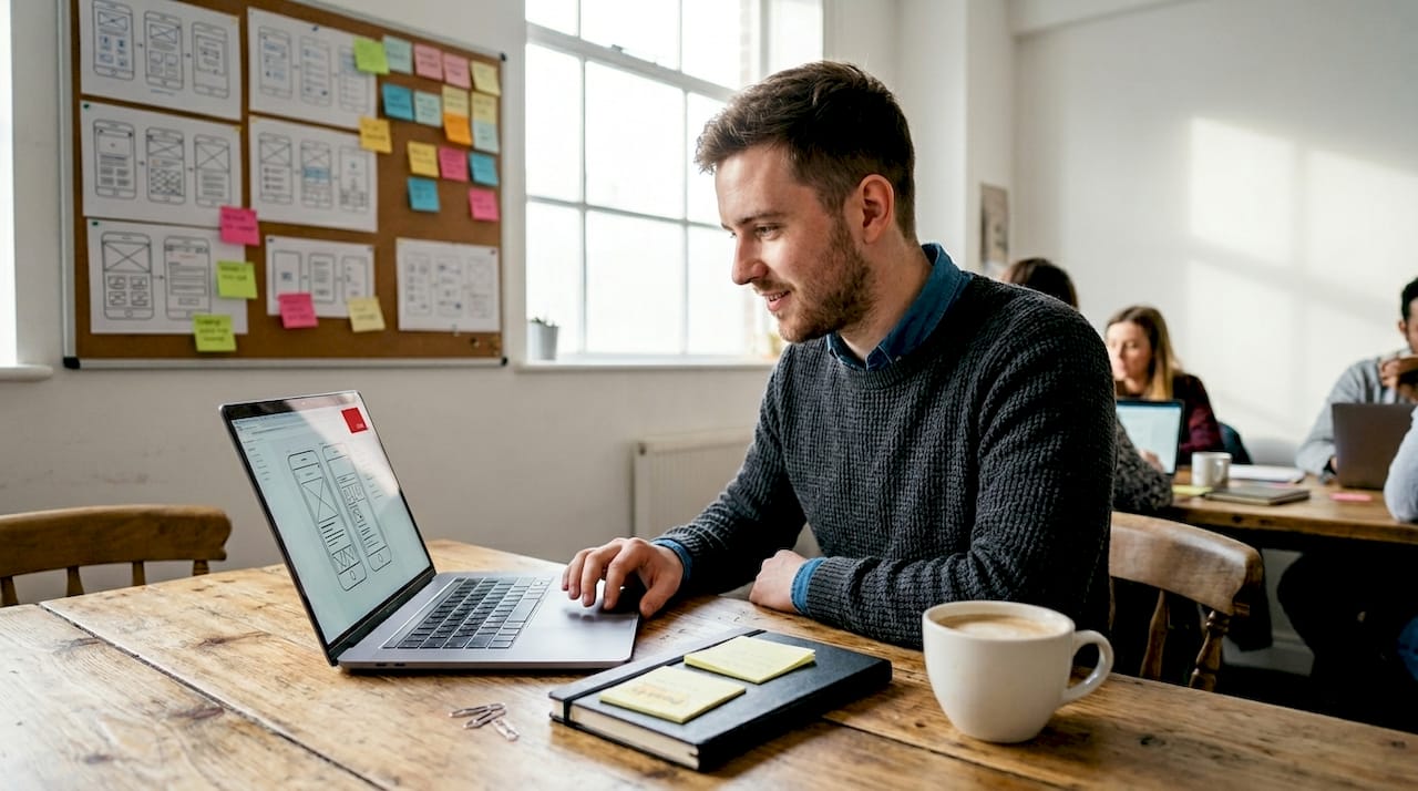 Designer reviewing flooring UX wireframe at table