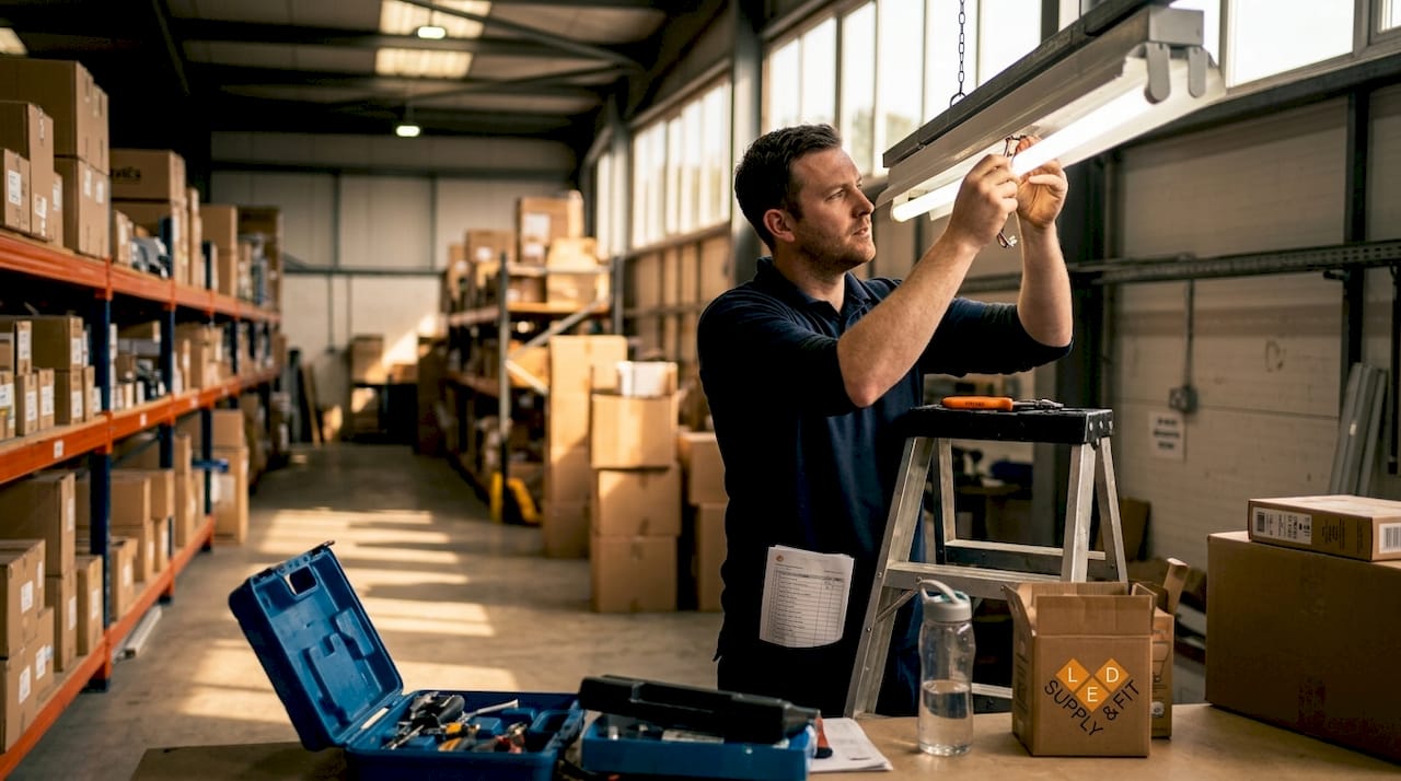 Manager installs LED lighting in warehouse aisle