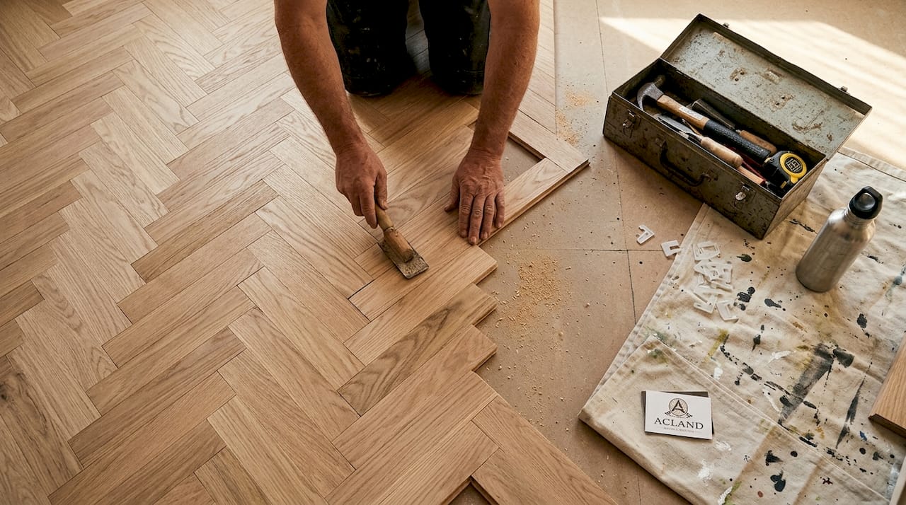 Joiner installing classic herringbone floor
