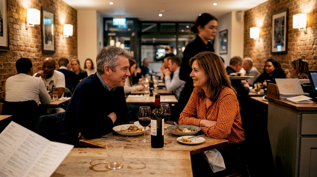 Restaurant diners under warm LED lighting