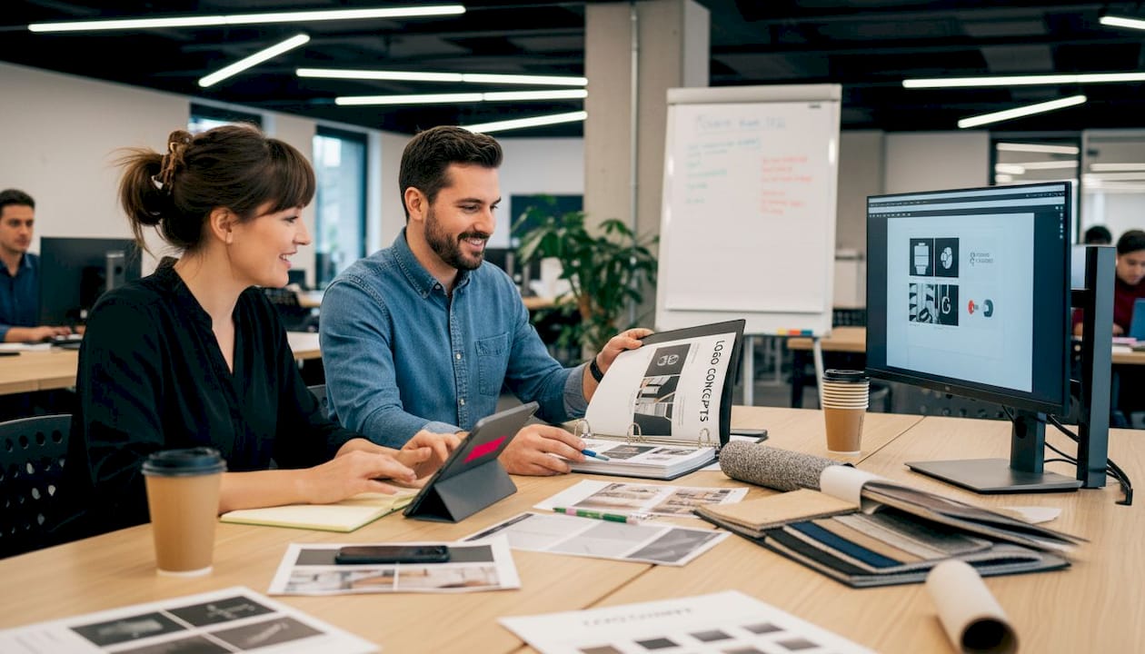 Colleagues review digital and print branding materials