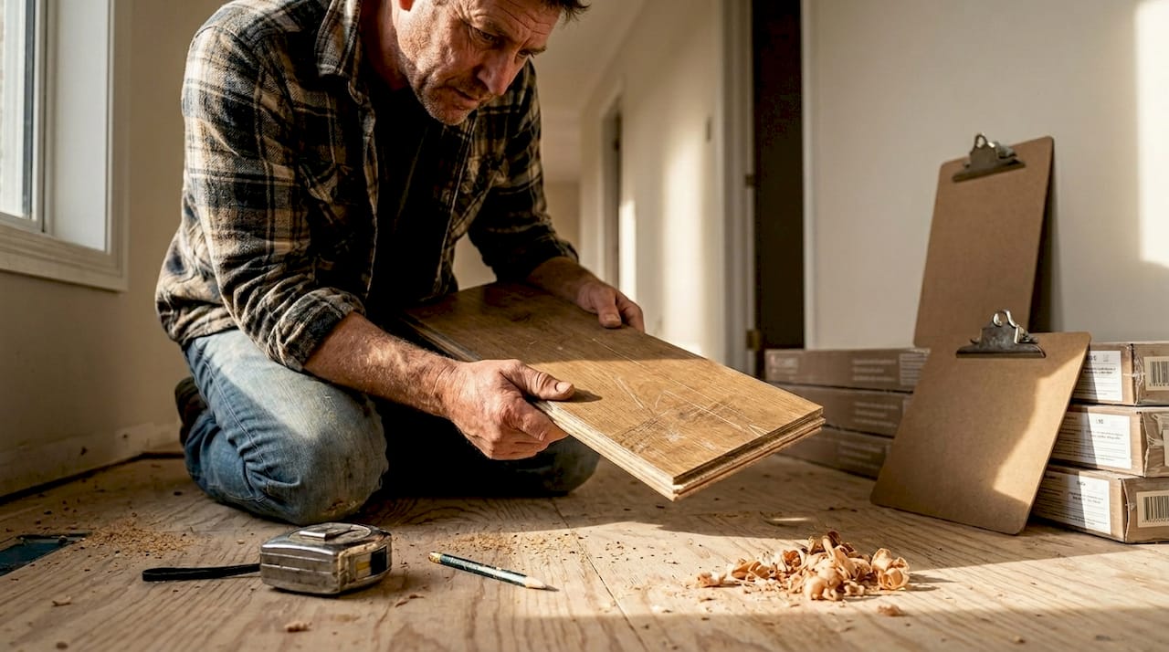Contractor inspecting engineered wood flooring plank