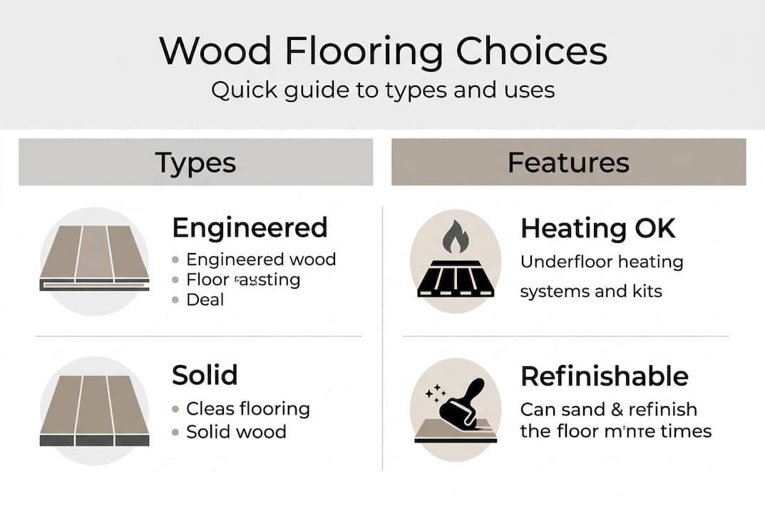 Infographic showing wood flooring types and features
