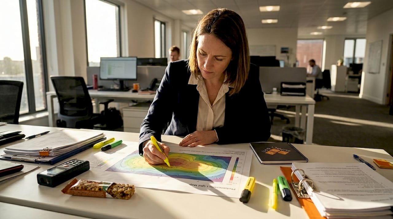 Consultant reviews photometric office lighting map