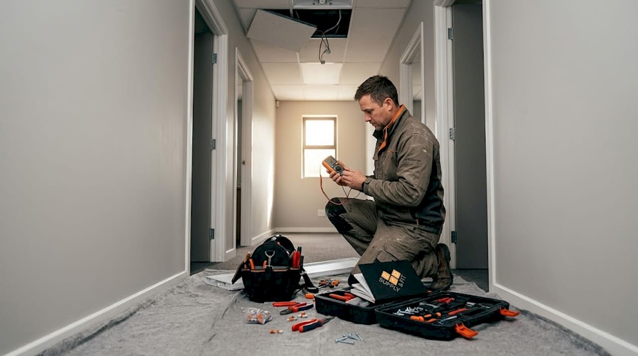 Electrician installing LED panel in office