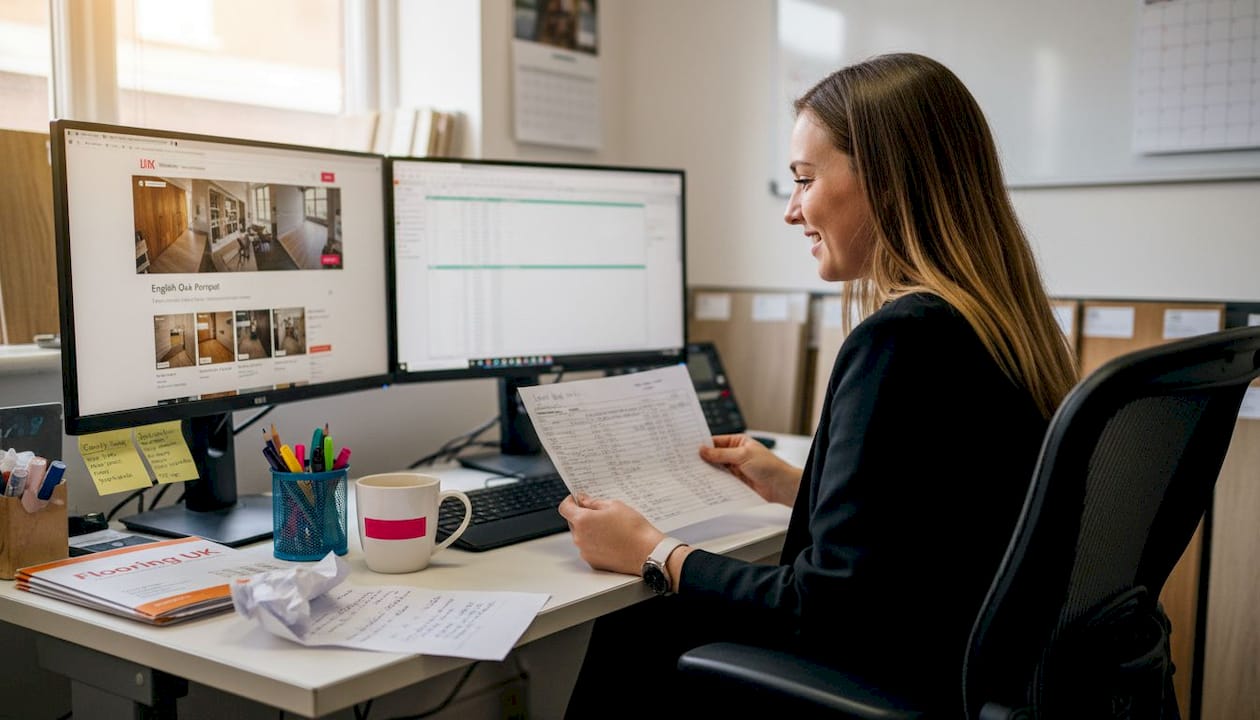 Woman checking flooring product details on screen