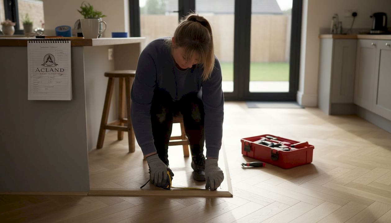 Expert fitter measuring new herringbone floor