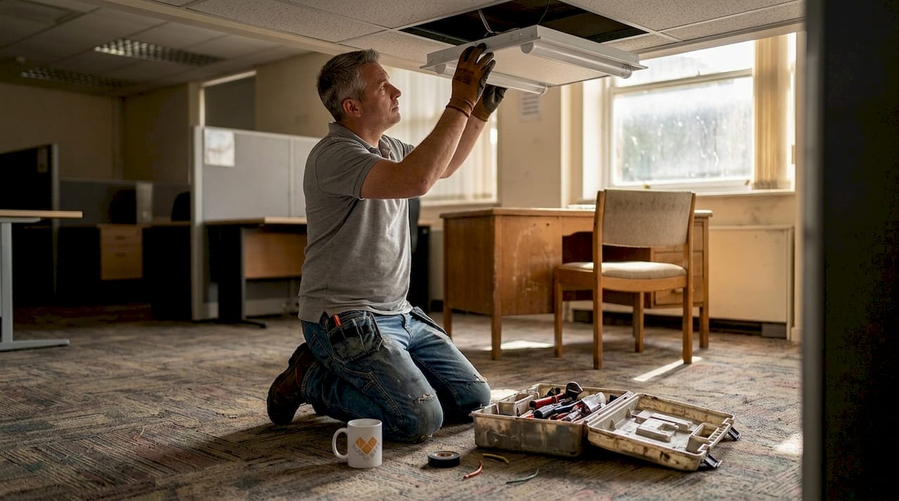 Electrician installs LED retrofit ceiling lights