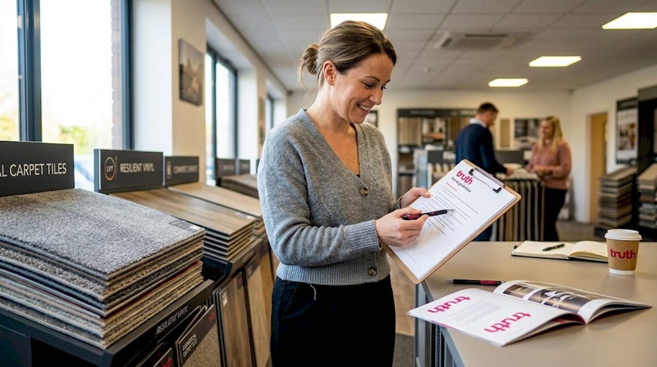 Manager verifying branding with flooring samples